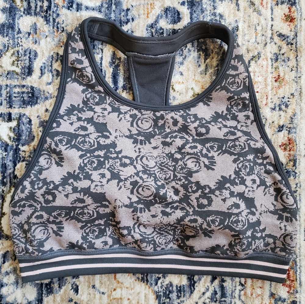 Fabletics Gray and Light Gray Floral Racerback Sports Bra